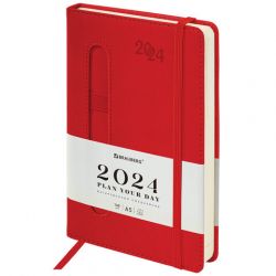 Ежедневник датированный 2024 А5 138x213 мм BRAUBERG "Optimal", под кожу, резинка-фиксатор, держатель для ручки, красный,, 114974