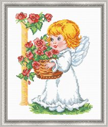 628 Набор для вышивания ОВЕН "Ангелочек с корзиной роз"